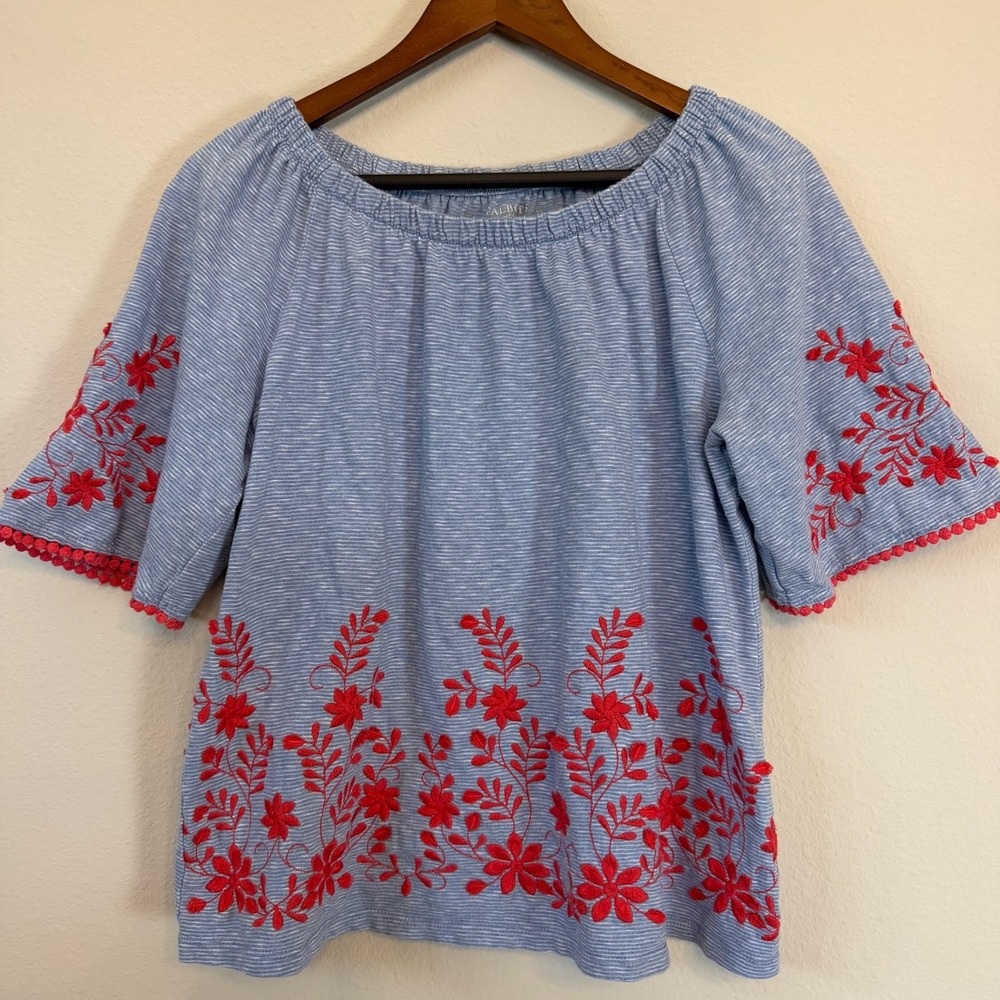 Talbots Embroidered Top Petite Large Blue Stripe Floral Pom Boho Americana - Picture 2 of 11